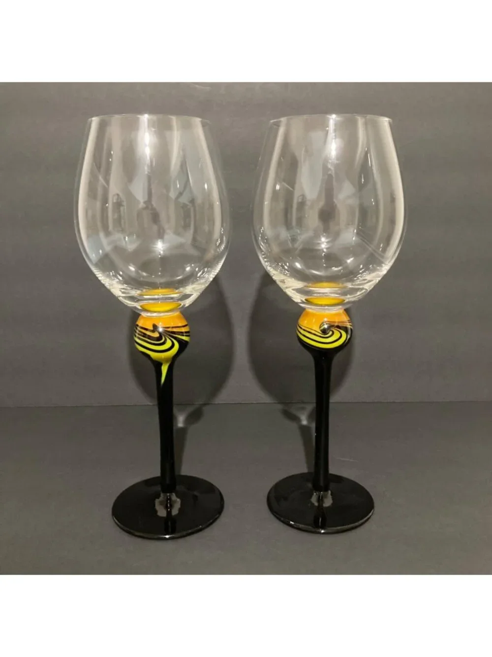 Retired Di Sciacca Cats Eye Wine Glasses Black Stem With Yellow Ball
